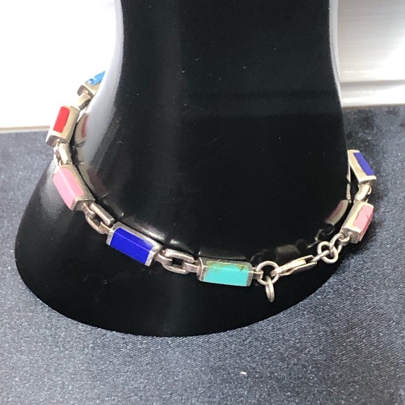 TAXCO Sterling Silver Multi-Gemstone Link Bracelet - Picture 6 of 13